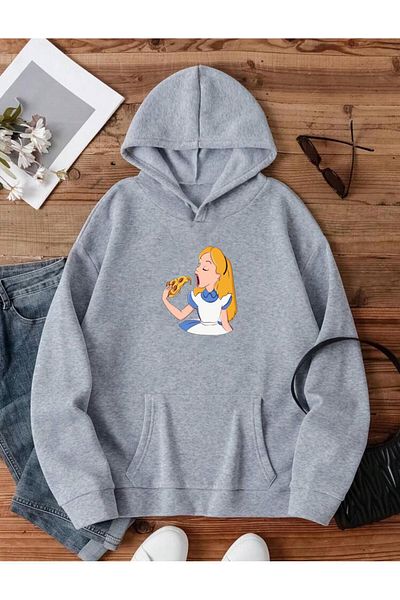 RPT MODA Oversized Casual Cut Pizza Print Detail Basic Sweatshirt Top with Hood
