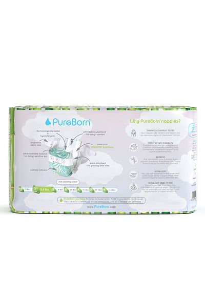 PUREBORN Organic Baby Tape Style Diapers Size-1  Upto 5 Kg 34 Pieces-Assorted