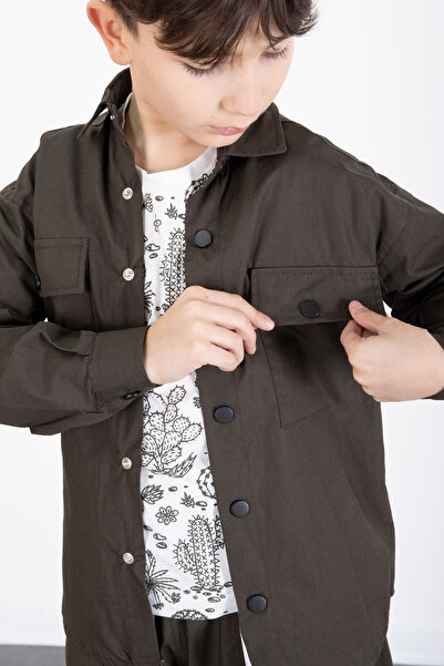 Cansın Mini Khaki Printed T-Shirt Parachute Shirt and Pants Boy's 3-Piece Set 20514