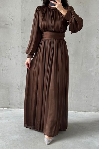 LEYUZE BUTİK Organza Elegant Hijab Βραδινό Φόρεμα - Λεπτό Πλισέ, Ανοιχτό Καφέ