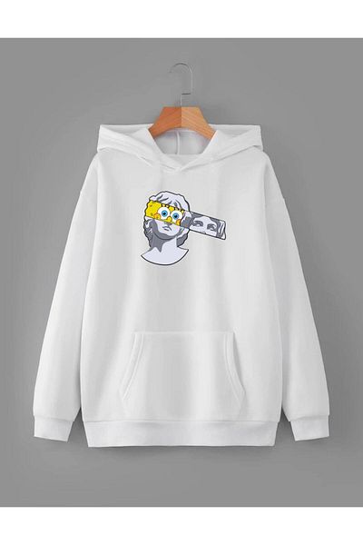 RPT MODA Oversized Casual Cut Sculpted Print Detail Hooded Basic Sweatshirt Top