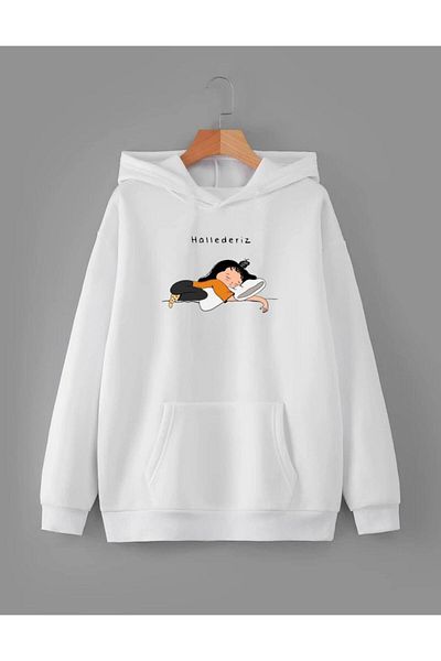 RPT MODA Oversized Casual Cut Hallederi̇z Printed Detail Hooded Basic Sweatshirt Top