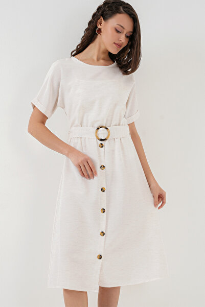 Bigdart 2389 Lniana sukienka z paskiem - Ecru