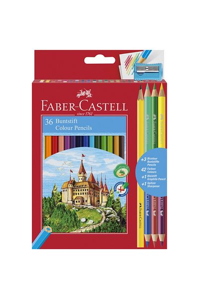 Faber Castell Colored Pencils 36 Colors Faber-Castell + Sharpener, 3 Bicolor Pencils, and 1 Graphite Pencil 110336