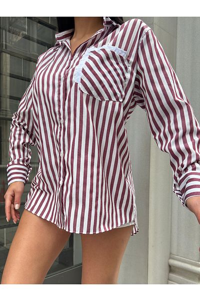 Fav Style Cămașă de damă cu mânecă lungă din popelin cu dungi Bordeaux