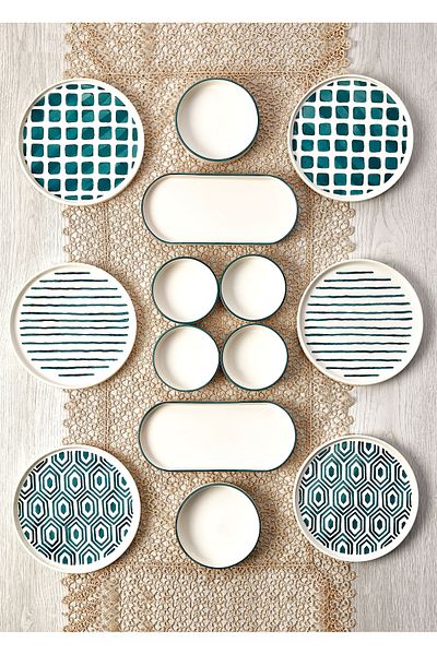 Bernardo 14 Piece Neometric Stackable Breakfast Set for 6 People - Breakfast Presentation Plate