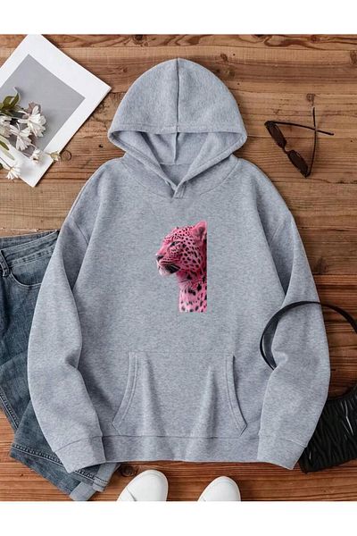 RPT MODA Oversized Casual Cut Pink Leopard Print Detail Hooded Basic Sweatshirt Top