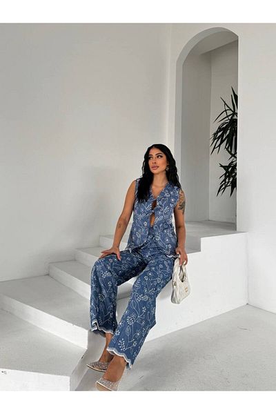 FRİYA Women's Embroidery Detailed Denim Suit