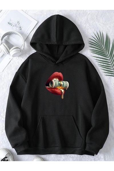 RPT MODA Oversized Casual Cut Lip Print Detail Hooded Basic Sweatshirt Top