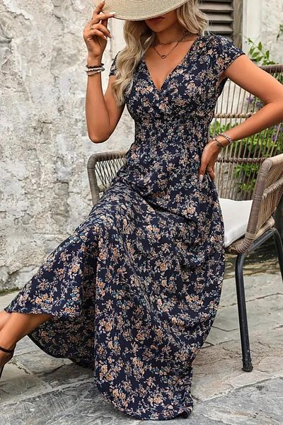 Deafox Rochie lungă din jerseu cu mânecă scurtă, albastru bleumarin, cu guler dublu, cu imprimeu floral, cu talie elastică
