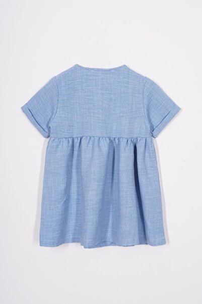 zepkids Rochie de in pentru fetiță, culoare albastru, cu decolteu, cu nasturi, accesorii pentru pălărie