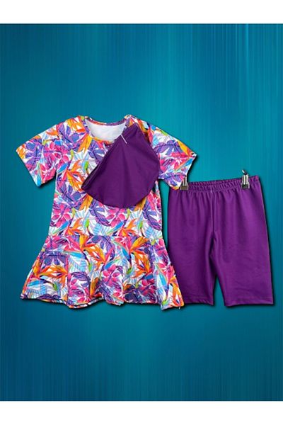 Elayza Leaf Patterned Valon Skirt Swimsuit for Girl - Set of Three