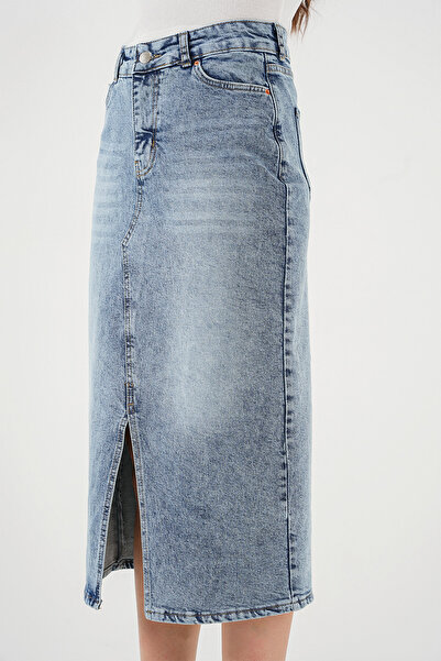 Bigdart Жіноча джинсова спідниця міді з розрізами 8038 - синій