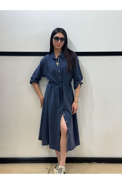 EGZOTİK ASORTİK Rochie cămașă cu detaliu de piatră adunată în talie