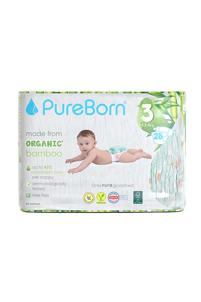 PUREBORN Organic Diapers Size 3 For 5.5-8 Kg Single Pack 28pcs with Daisy Print
