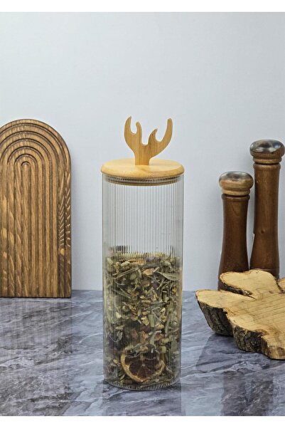 HomeTarz Boynuz Desenli Cam Kavanoz - Bambu Kapaklı Borosilikat Cam Kavanoz -...