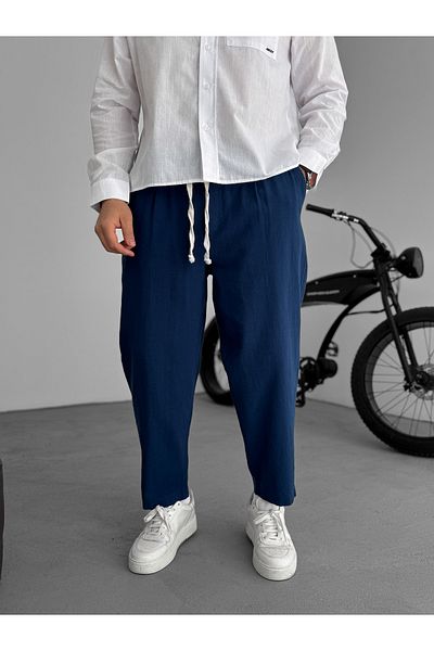 BYBASICMAN Navy Blue Loose Fit Linen Trousers Jj-181