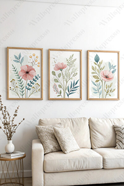 Wallspresso Bohem Çiçek Temalı Ahşap Çerçeveli Tablo - 3'lü Tablo Set - Duvar...