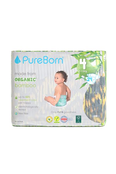 PUREBORN Organic Diapers Size 4 For 7-12 Kg Single Pack 24pcs with Leopard Print