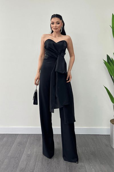 giyimmasalı Atlas Fabric Satin Detailed Strapless Evening Dress Jumpsuit - Black
