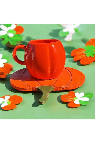 NurMood Art Decoration Ceramic Pumpkin Mug and Pumpkin Shaped Plate
