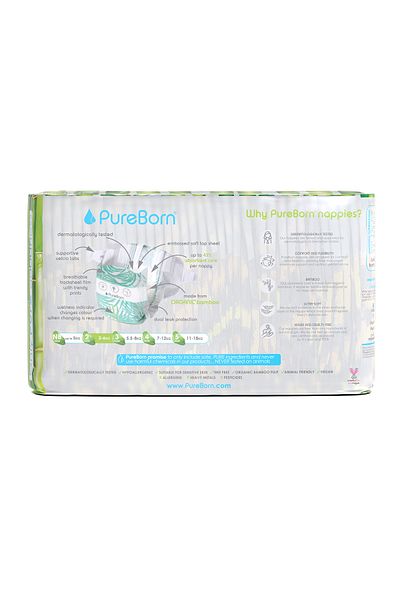 PUREBORN Size-2 Organic Diapers 3-6Kg 32's-Single Pack Assorted