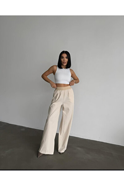 RECEP AYDIN بنطال بالازو بخصر مطاطي من القش الحجري