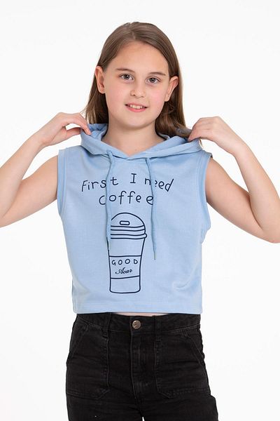 zepkids Hanorac pentru fetiță, cu glugă, cu mânecă zero, cu imprimeu cafea, culoare albastră