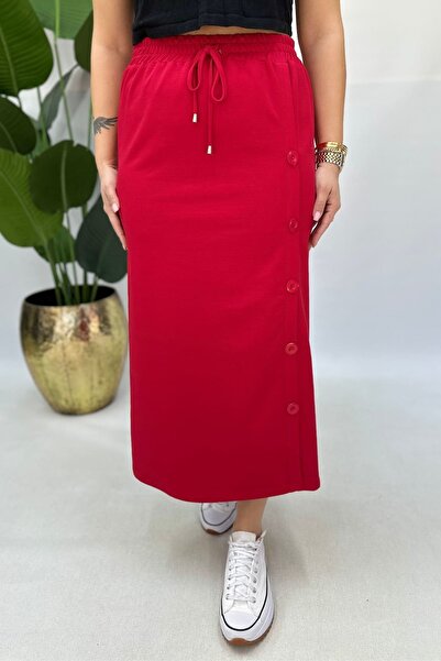 GÖKSEL DÜĞMELİ PAMUKLU BÜYÜK BEDEN ETEK-KIRMIZI