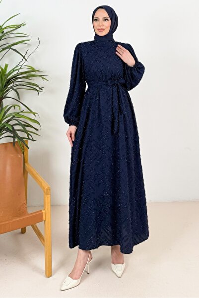 Bestenur Silay Tasseled Evening Dress 1396 - Navy Blue