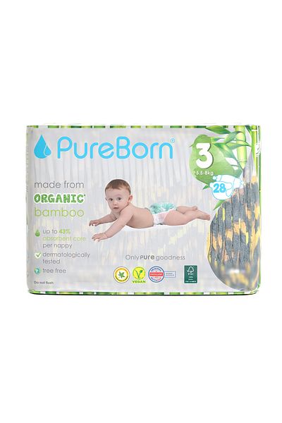 PUREBORN Organic Diapers Size 3 For 5.5-8 Kg Single Pack 28pcs with Leopard Print