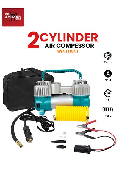 Spider ضاغط هواء بلس ثنائي الأسطوانات مع إضاءة LED - ١٥٠ رطل/بوصة مربعة، ١٢ فولت، محمول للسيارات/الدراجات
