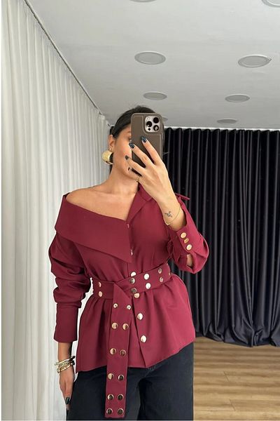 Stil Sepeti Cămașă de damă Burgundy Diana Design cu curea cu împânzire cu guler asimetric KD- 10007015