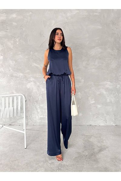 Stil Sepeti Women's Navy Blue Elastic Waist Loose Cut Satin Trousers Tl- 100080169