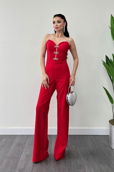 giyimmasalı Red Atlas Fabric Bow Detailed Evening Dress Jumpsuit