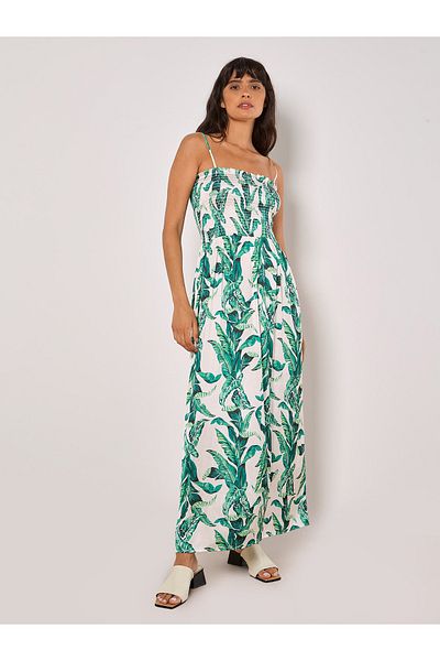 Apricot Tropisches Blatt Satin Maxikleid