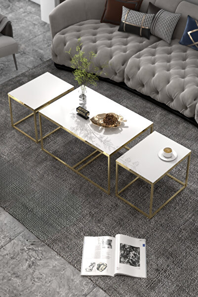 GOLDFALEZ Orta Sehpa Ve Zigon Yan Sehpa Flora Set Gold Beyaz