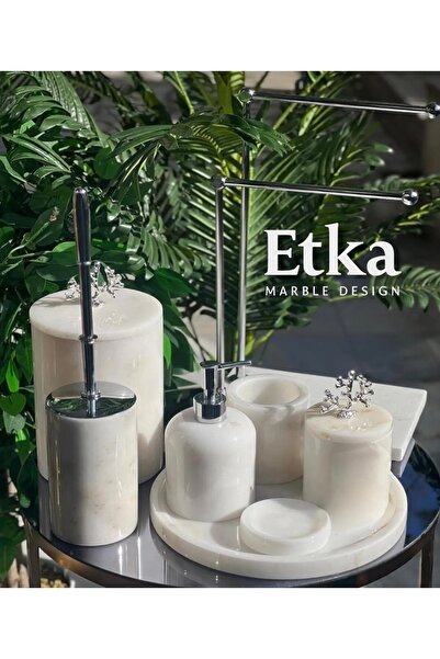 Etka Marble Design 8 Li Beyaz Mermer Banyo Seti Gümüş Mercan Aksesuarlı Ev Ba...