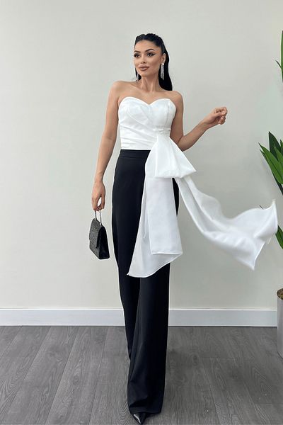 giyimmasalı Atlas Fabric Satin Detailed Strapless Evening Dress Jumpsuit - White/Black