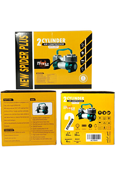 Spider Plus 2 Cylinder Air Compressor with LED Light - 150 PSI, 12V, Portable for Cars/Bikes