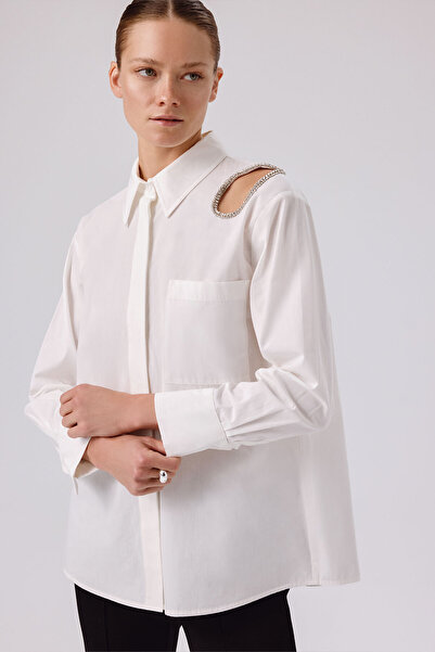 Triko Mısırlı Ekru Taş İşlemeli Oversize Kadın Gömlek