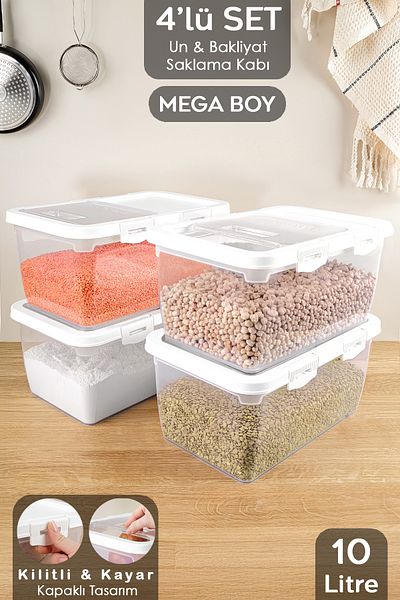 Meleni Home 4 Sliding Lid Storage Door - White 10 Lt Sugar Flour Container with Lock
