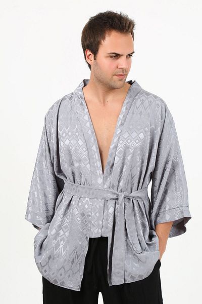 PALMMAMA Men's Bohemian Scandinavian Pattern Loose Smoke Color Belted Cotton Satin Kimono
