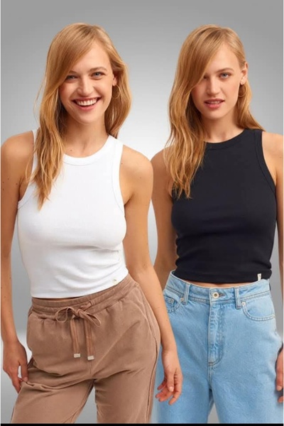 ÖZGE-S MODA 2-lihalter Κολάρο με κορδόνια, Αθλητικό Μπλουζάκι Μαύρο Λευκό