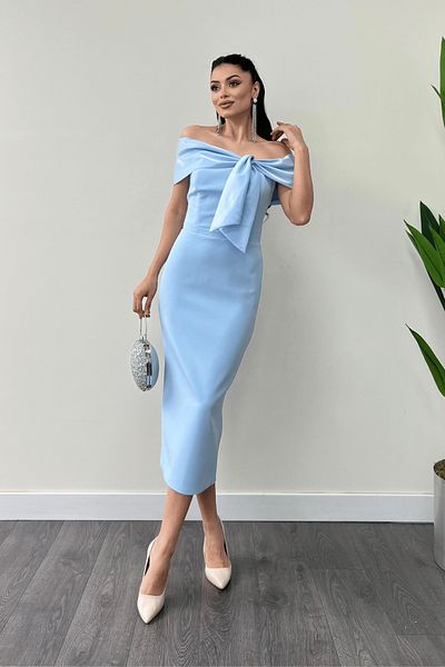 giyimmasalı Rochie creion cu guler Atlas Fabric cu detaliu panglică - BEBE BLUE