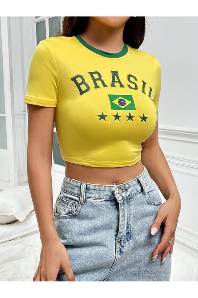 Richarlison Kadın Sarı Brasıl Baskılı %100 Pamuklu Kısa Kollu Slimfit Likralı Bluz Crop