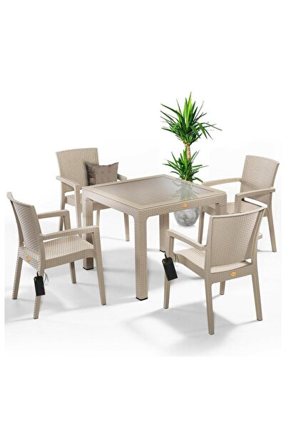 nar sokağı Zeugma Kapiçino 90x90 Cm Camlı Rattan Bahçe Balkon Masa Takımı