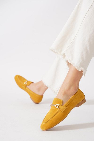 Moda Pie Vesder Buckle Loafer Genuine Leather Women's Ballerinas Yellow Suede
