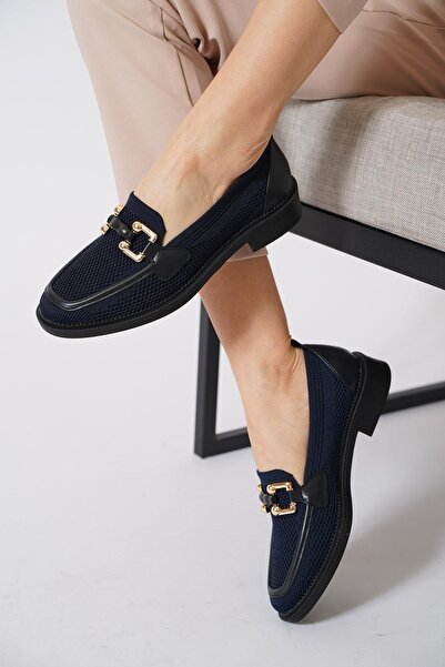 Moda Pie Yesta Metal Buckle Knitwear Women's Ballerina Navy Blue