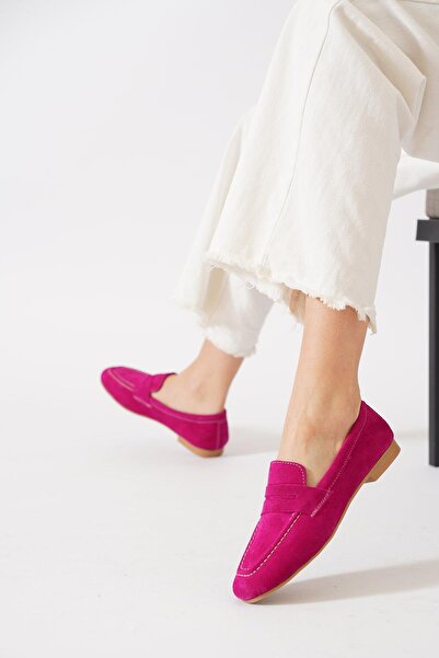 Moda Pie Lesvdes Loafer Belted Γνήσιο Δερμάτινο Γυναικείο Μπαλαρίνα Fusha Suede